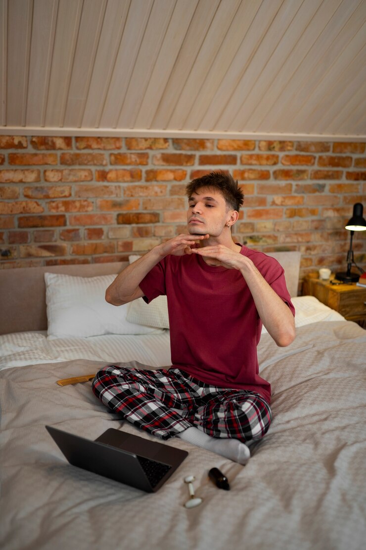 Foto grátis homem de tiro completo massageando o rosto em casa