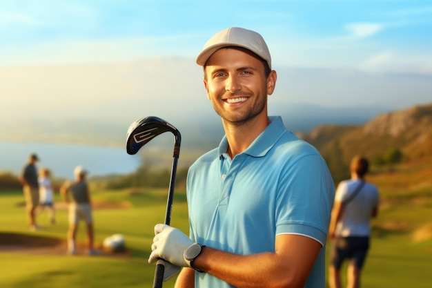 Homem de tiro médio a jogar golfe na natureza