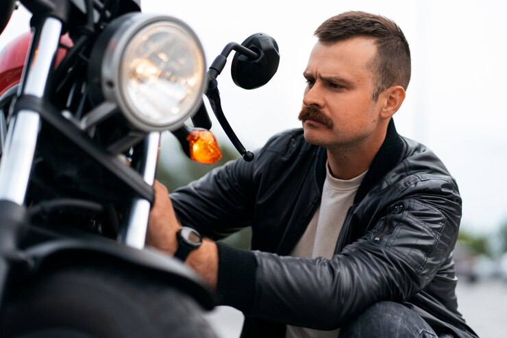 Foto grátis homem de tiro médio com motocicleta ao ar livre