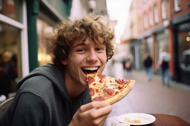 Homem de tiro médio comendo pizza deliciosa