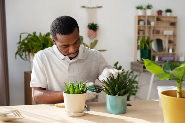 Homem de tiro médio cortando as folhas da planta