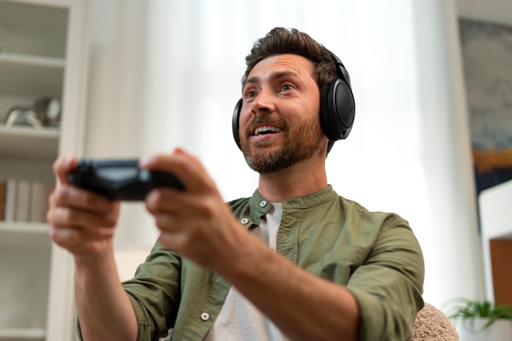 Foto grátis homem de tiro médio jogando videogame