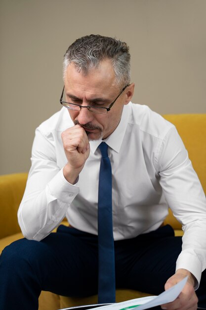 Homem de tiro médio lendo papel