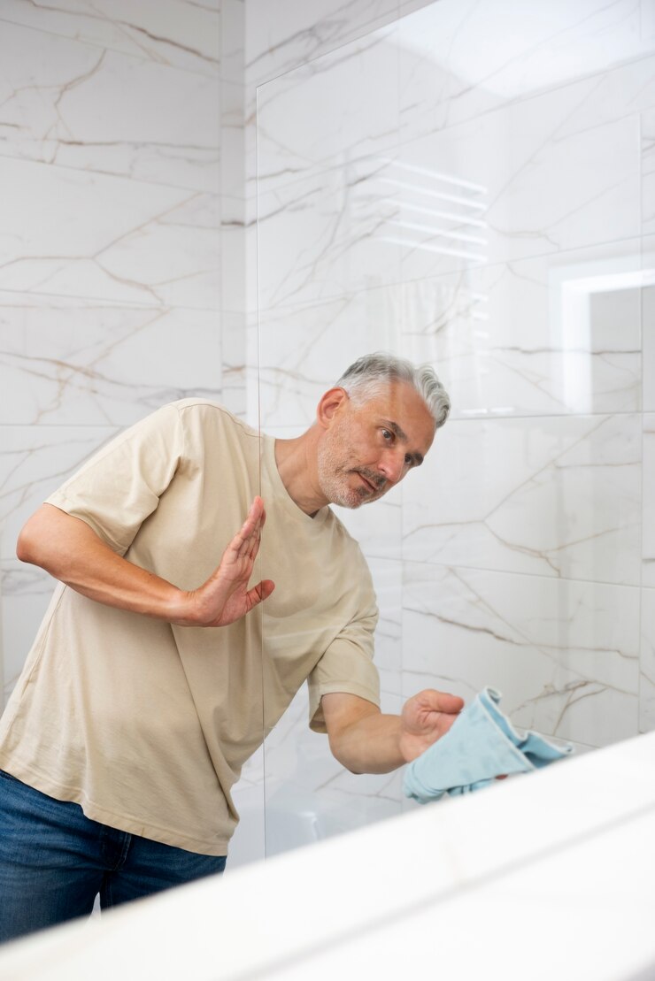 Foto grátis homem de tiro médio, limpando o chuveiro