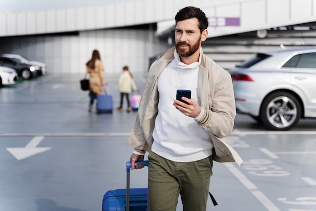 Foto grátis homem de tiro médio segurando o telefone