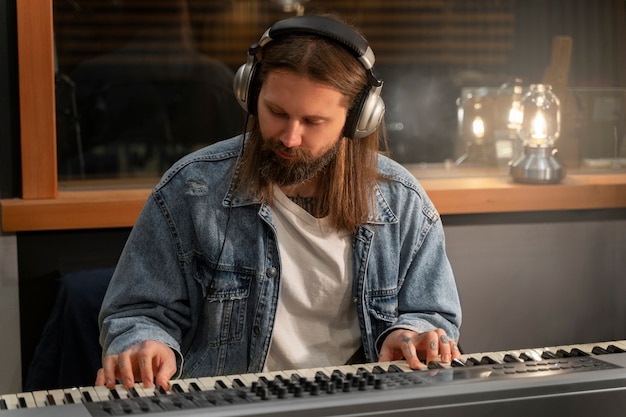 Foto grátis homem de tiro médio tocando piano no estúdio