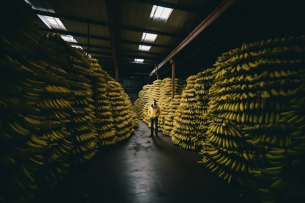 Foto grátis homem de tiro no escuro no depósito de bananas