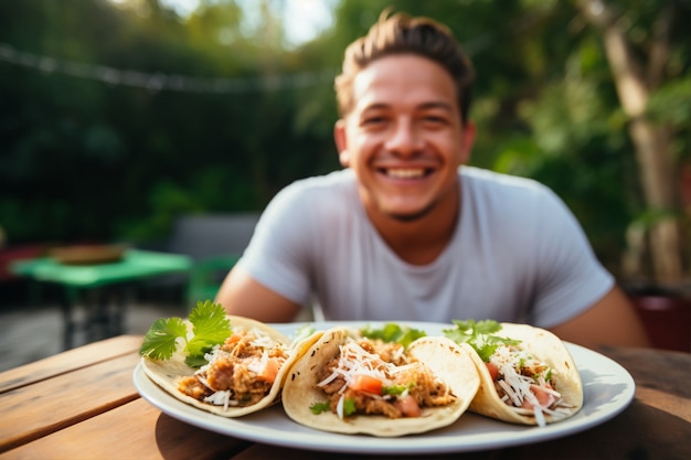 Homem de vista frontal com deliciosos tacos