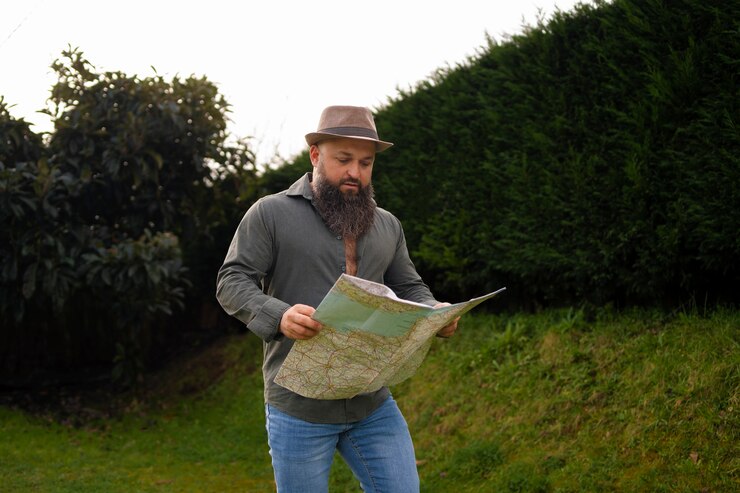 Foto grátis homem de vista frontal com mapa ao ar livre