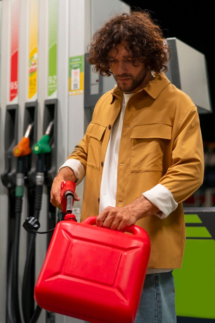 Foto grátis homem de vista lateral no posto de gasolina