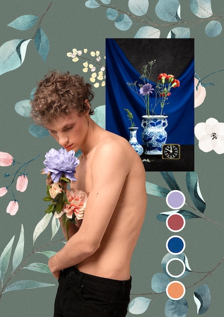 Homem de vista lateral posando com flores