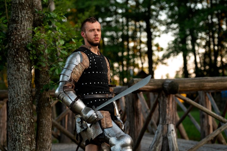Foto grátis homem de vista lateral posando como um soldado medieval