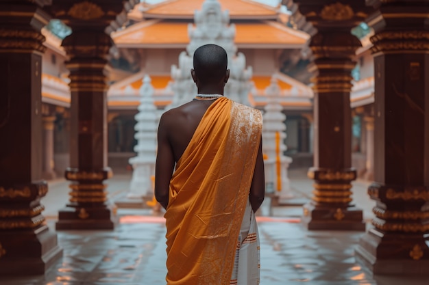 Homem de vista traseira comemorando o ano novo tamil