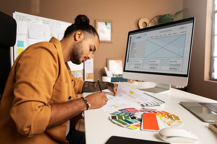 Foto grátis homem de visualização lateral projetando sites