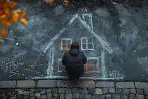Foto grátis homem desenhando uma casa com giz no chão