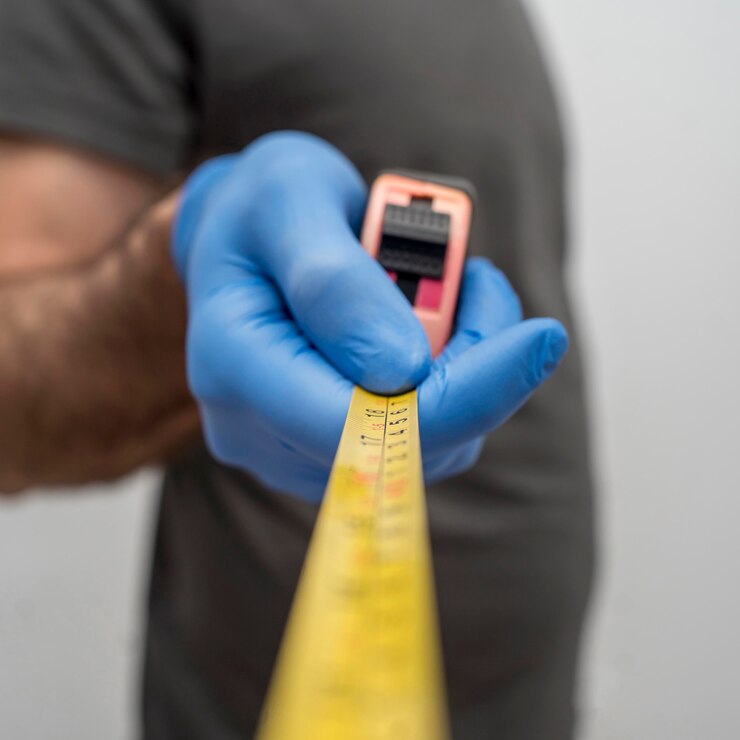Foto grátis homem desfocado com luvas segurando fita métrica para distanciamento social