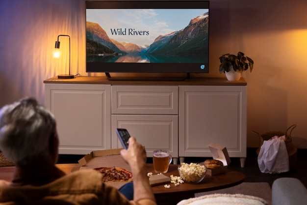 Homem desfrutando de comida enquanto está sozinho em casa e assistindo tv