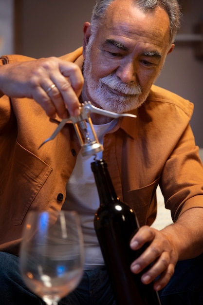 Homem desfrutando de vinho enquanto está sozinho em casa