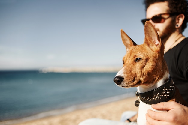 Homem e cachorro na praia admirando o mar