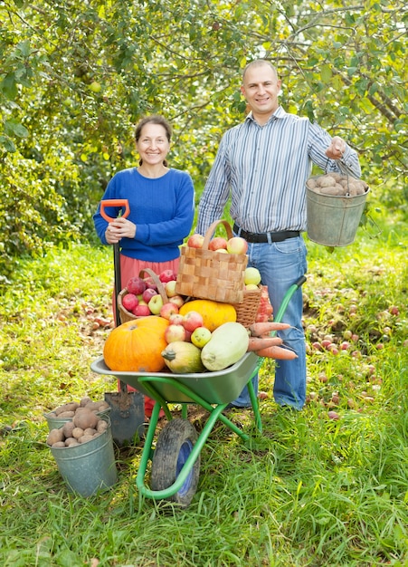 Homem e mulher com vegetais colhidos