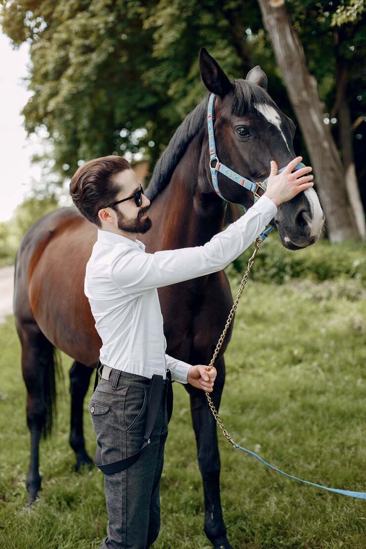 Foto grátis homem elegante, ao lado de cavalo em uma fazenda