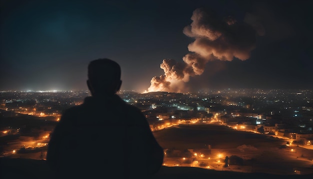 Foto grátis homem em frente à cidade à noite com fumaça no céu