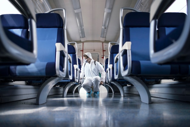 Homem em traje de proteção branco, desinfetando e higienizando o interior do trem do metrô para impedir a propagação do vírus corona altamente contagioso