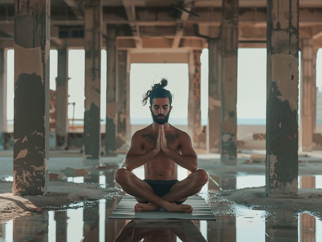 Foto grátis homem em um cenário de fantasia praticando ioga e meditação consciente