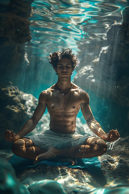 Homem em um cenário de fantasia praticando ioga e meditação consciente