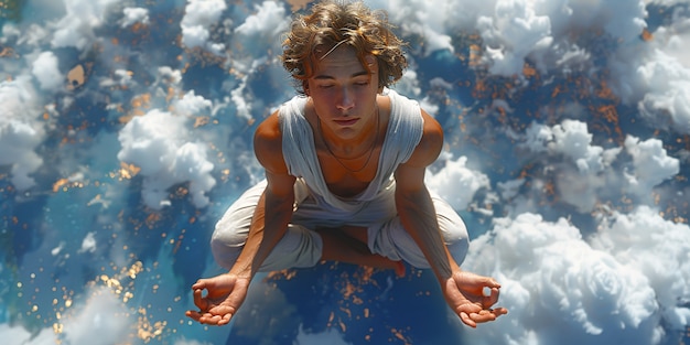 Foto grátis homem em um cenário de fantasia praticando ioga e meditação consciente