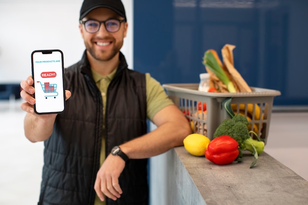 Foto grátis homem entregando mantimentos para clientes