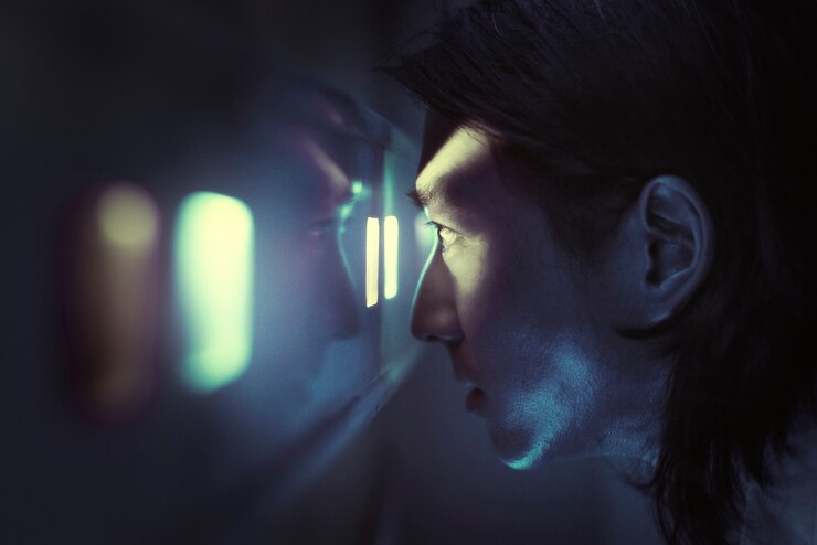 Foto grátis homem escaneador de íris usando biometria para desbloquear uma porta