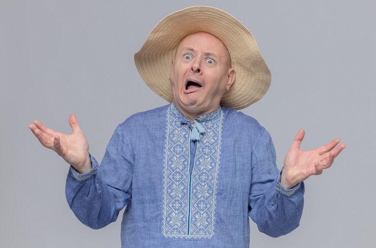 Foto grátis homem eslavo adulto ansioso com chapéu de palha e camisa azul com as mãos abertas e olhando para o lado