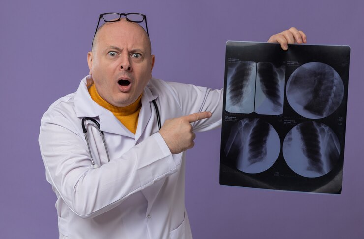 Foto grátis homem eslavo adulto ansioso com óculos ópticos em uniforme de médico com estetoscópio apontando para o resultado do raio-x e olhando para frente