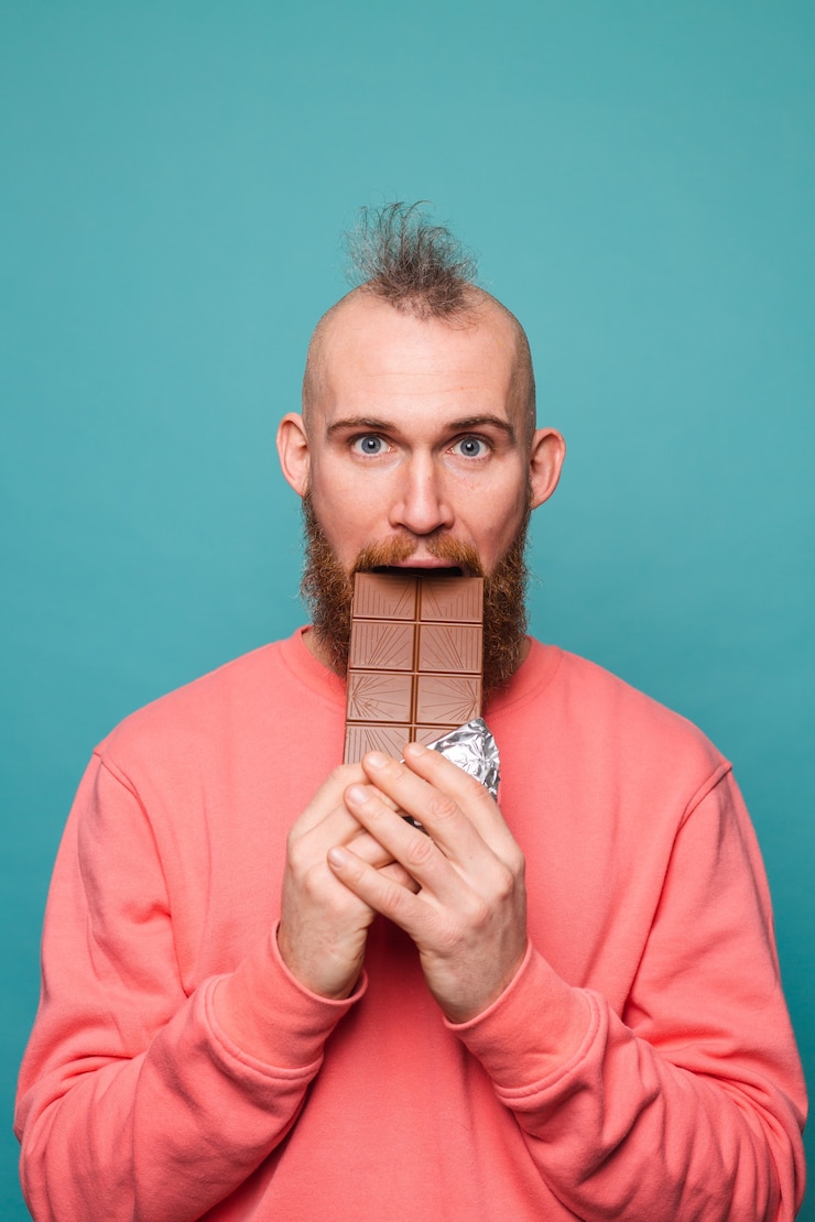 Foto grátis homem europeu barbudo em pêssego casual isolado, mordendo chocolate