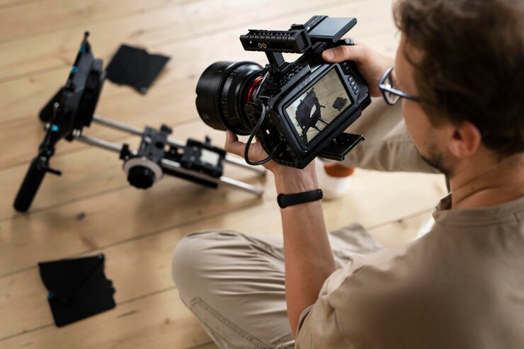 Foto grátis homem filmando com uma câmera profissional para um novo filme