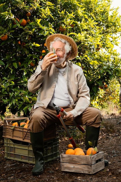 Homem idoso com laranjas frescas