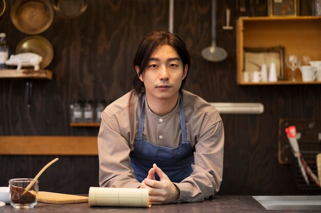 Homem japonês posando em um restaurante