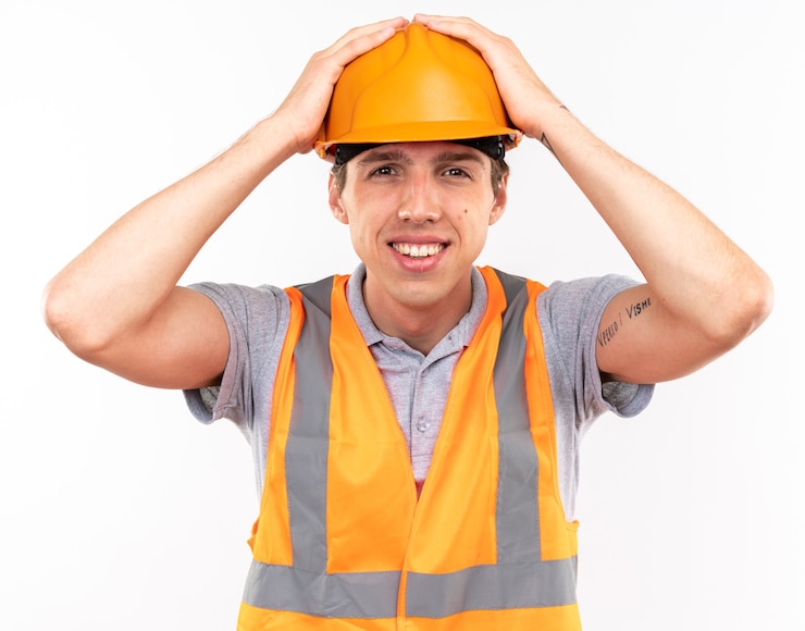 Foto grátis homem jovem construtor sorridente com uniforme segurando a cabeça isolada na parede branca