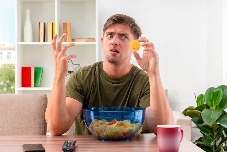 Foto grátis homem jovem e bonito loiro insatisfeito sentado à mesa com a tigela de batatas fritas e o copo levantando a mão e olhando as batatas fritas dentro da sala