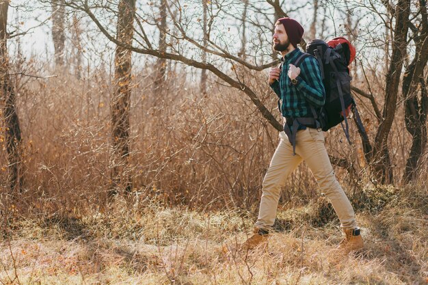 Homem jovem hippie viajando com mochila na floresta de outono, usando chapéu e camisa quadriculada, turista ativa caminhando, explorando a natureza na estação fria