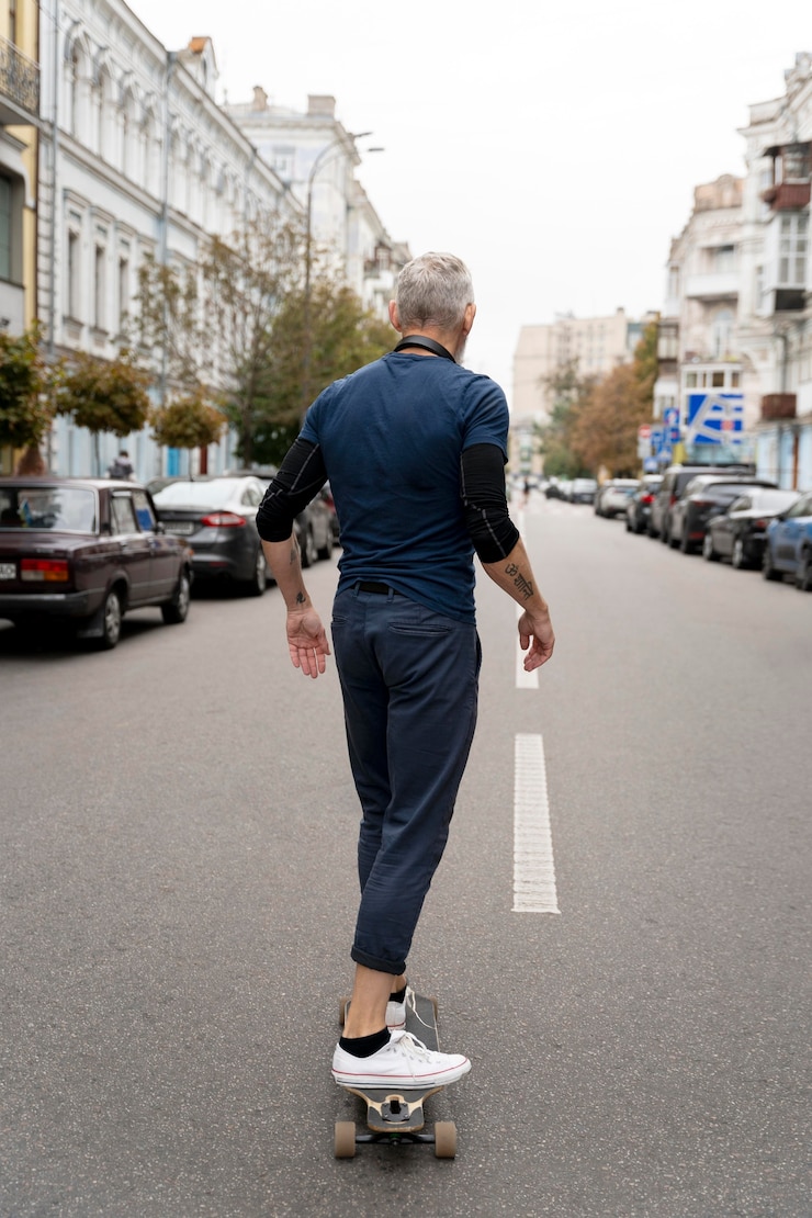 Foto grátis homem maduro com skate de mobilidade sustentável