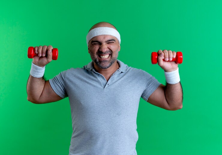 Foto grátis homem maduro e desportivo com uma faixa na cabeça, malhando com halteres, parecendo tenso e confiante em pé sobre uma parede verde