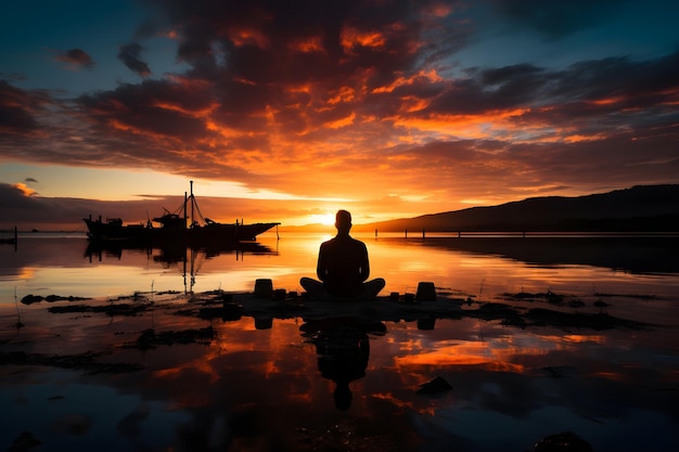 Homem meditação ao pôr-do-sol