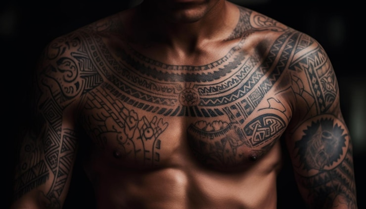 Foto grátis homem musculoso com tatuagem mostra força e criatividade geradas por ia