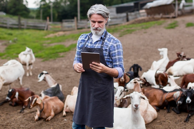 Foto grátis homem na fazenda olhando no tablet