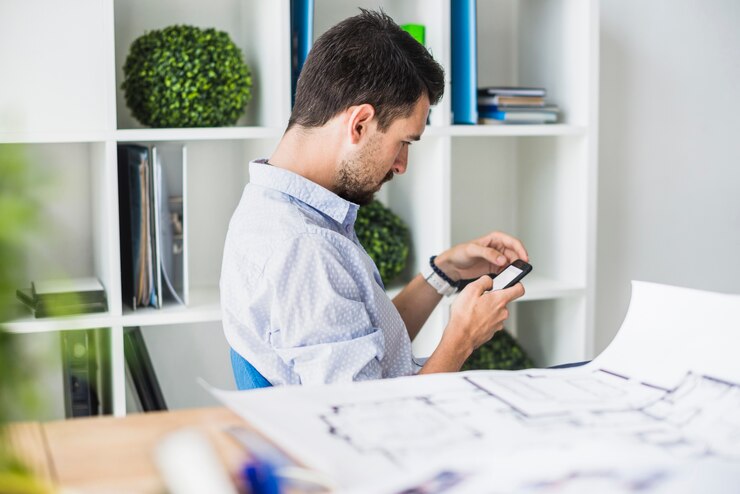 Foto grátis homem negócios, usando, móvel, telefone, escritório
