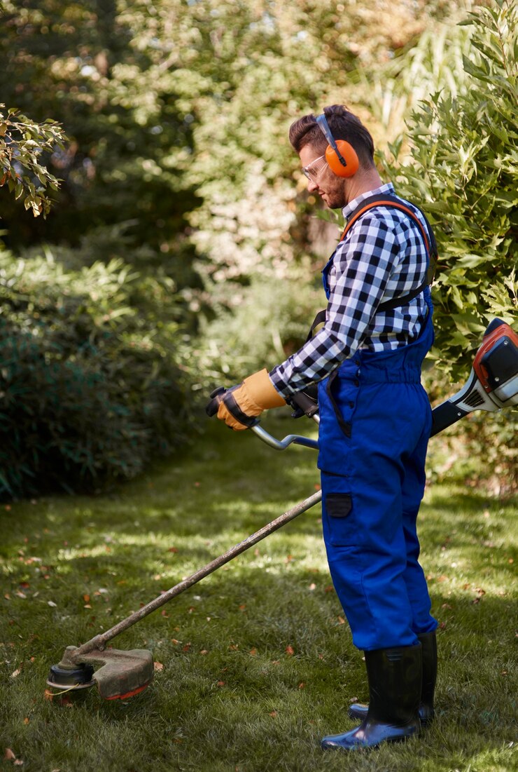Foto grátis homem ocupado usando um cortador de ervas daninhas no jardim