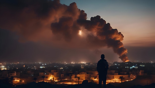 Foto grátis homem olhando para a cidade e fumando chaminés imagem conceitual