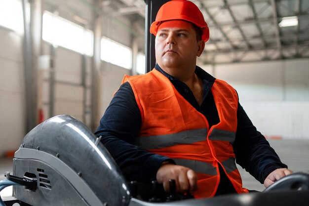 Homem plus size de tiro médio trabalhando na construção